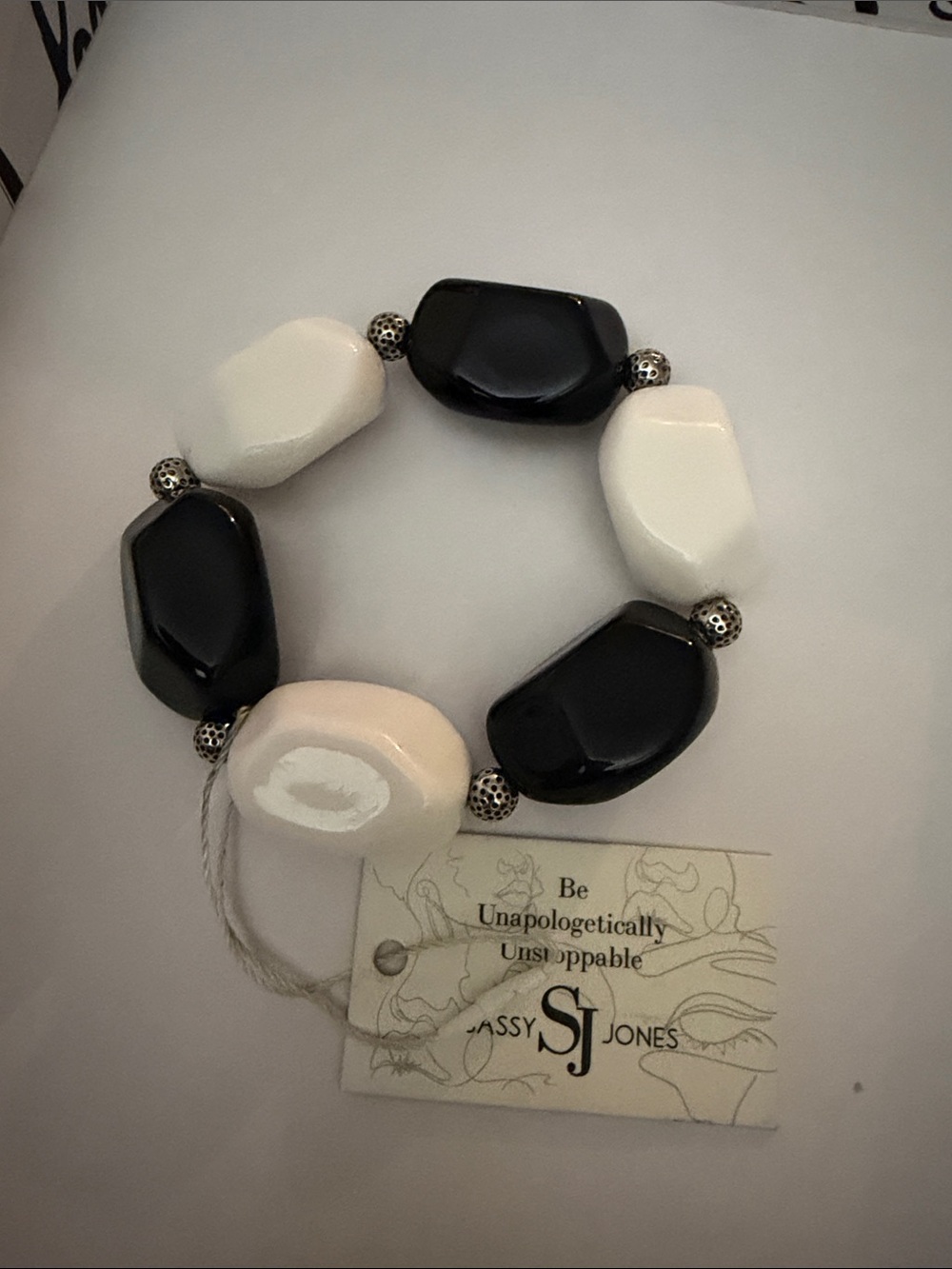 Sassy Jones Black Maya White Chunky Bead Stretch Bracelet